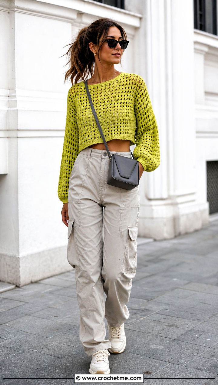 Cropped Crochet Blouse With Cargo Pants - 15 quick crochet blouse outfit ideas