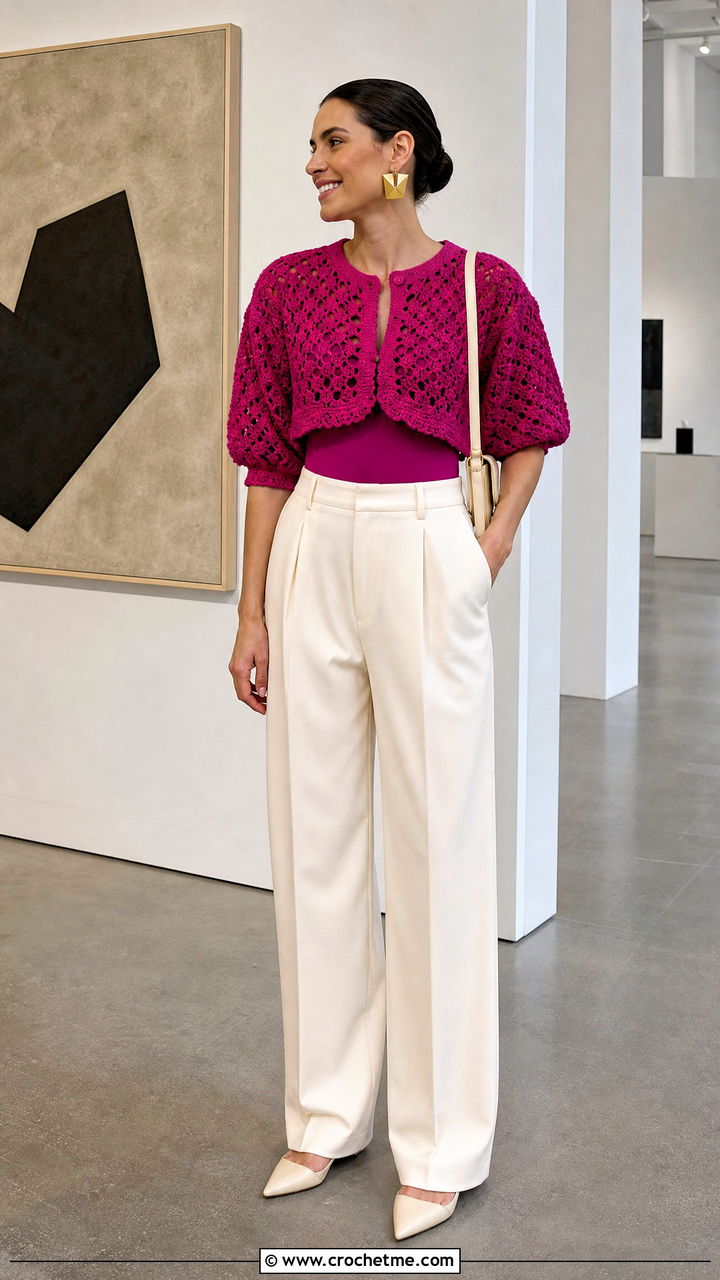 Cropped Crochet Blouse With High Waisted Trousers - 35 crochet blouse for women outfit ideas