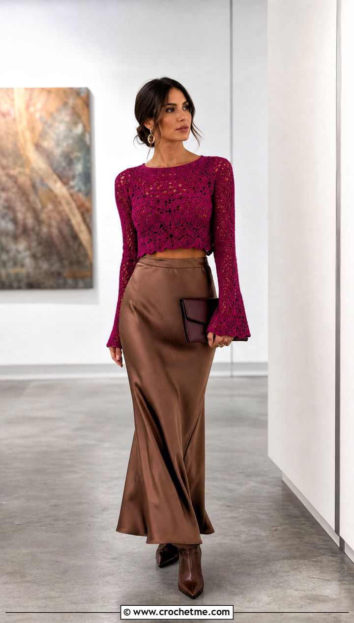 Cropped Crochet Blouse With Satin Maxi Skirt - 15 fall crochet blouse outfit ideas