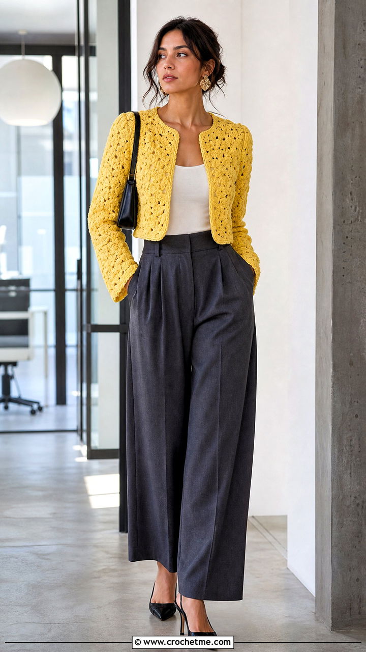 Cropped Crochet Bog Jacket With Wide Leg Trousers - 35 Crochet Bog Jacket outfit ideas