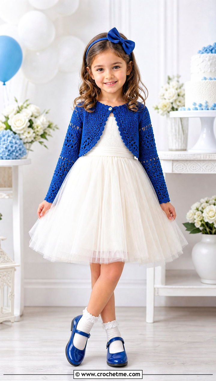 Cropped Crochet Bolero Cardigan With Tulle Dress - 25 Childs Crochet Cardigan outfit ideas
