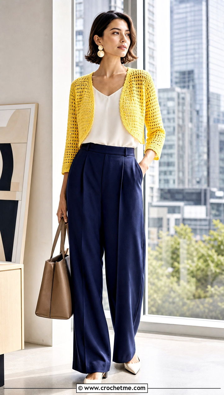 Cropped Crochet Bolero Cardigan With Wide Leg Trousers - 20 bohemian crochet cardigan outfit ideas
