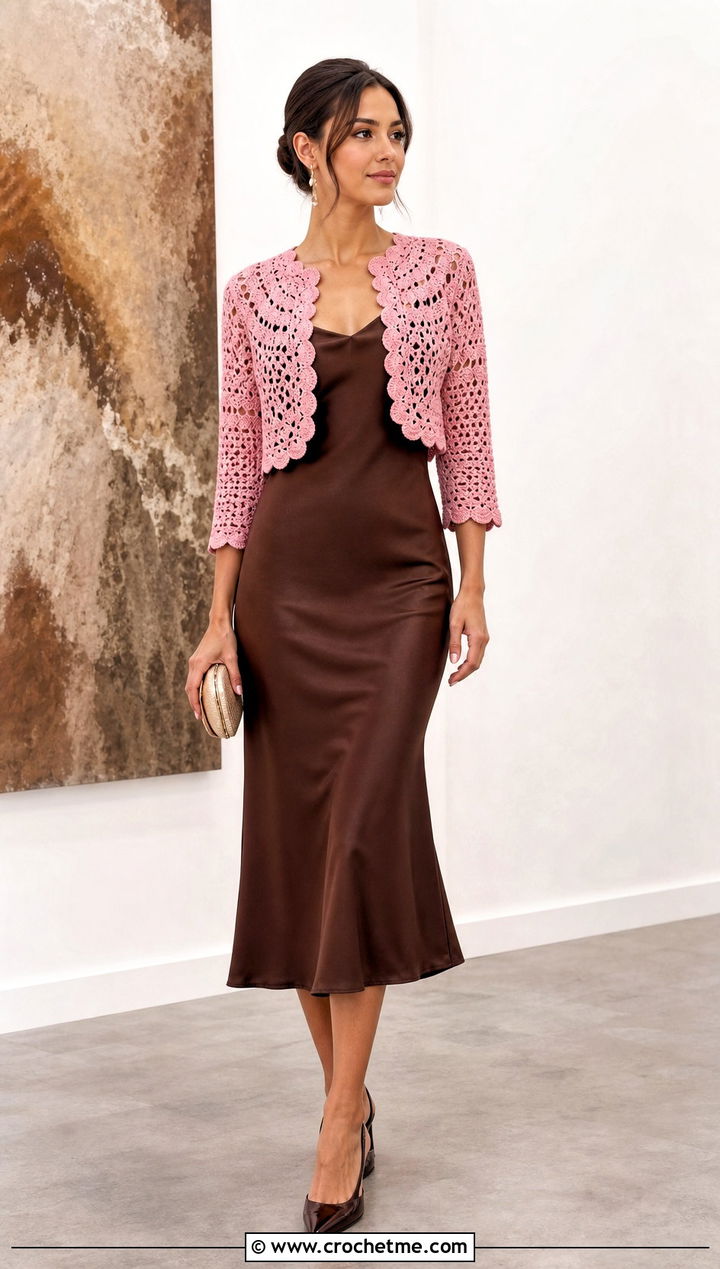 Cropped Crochet Bolero Jacket With Satin Midi Dress - 20 crochet jacket for ladies outfit ideas