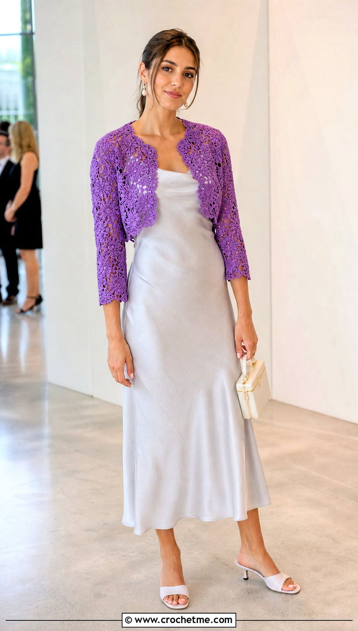 Cropped Crochet Bolero Jacket With Slip Dress - 15 crochet vest coats & jackets outfit ideas