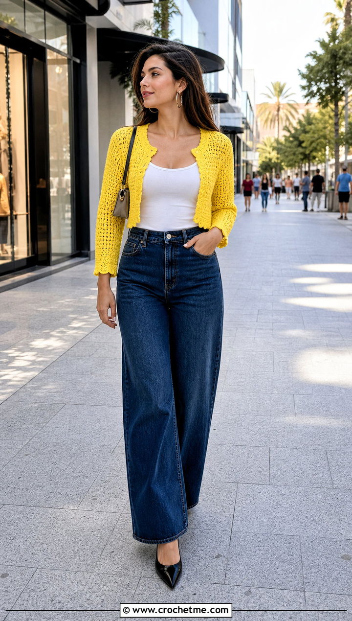 Cropped Crochet Bolero Jacket With Wide Leg Jeans - 35 crocheted jacket outfit ideas