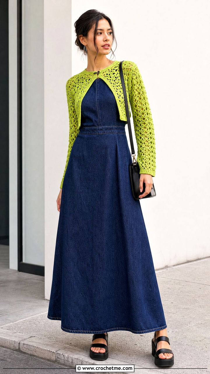 Cropped Crochet Bolero Shrug With Maxi Denim Dress - 35 crochet bolero shrug outfit ideas