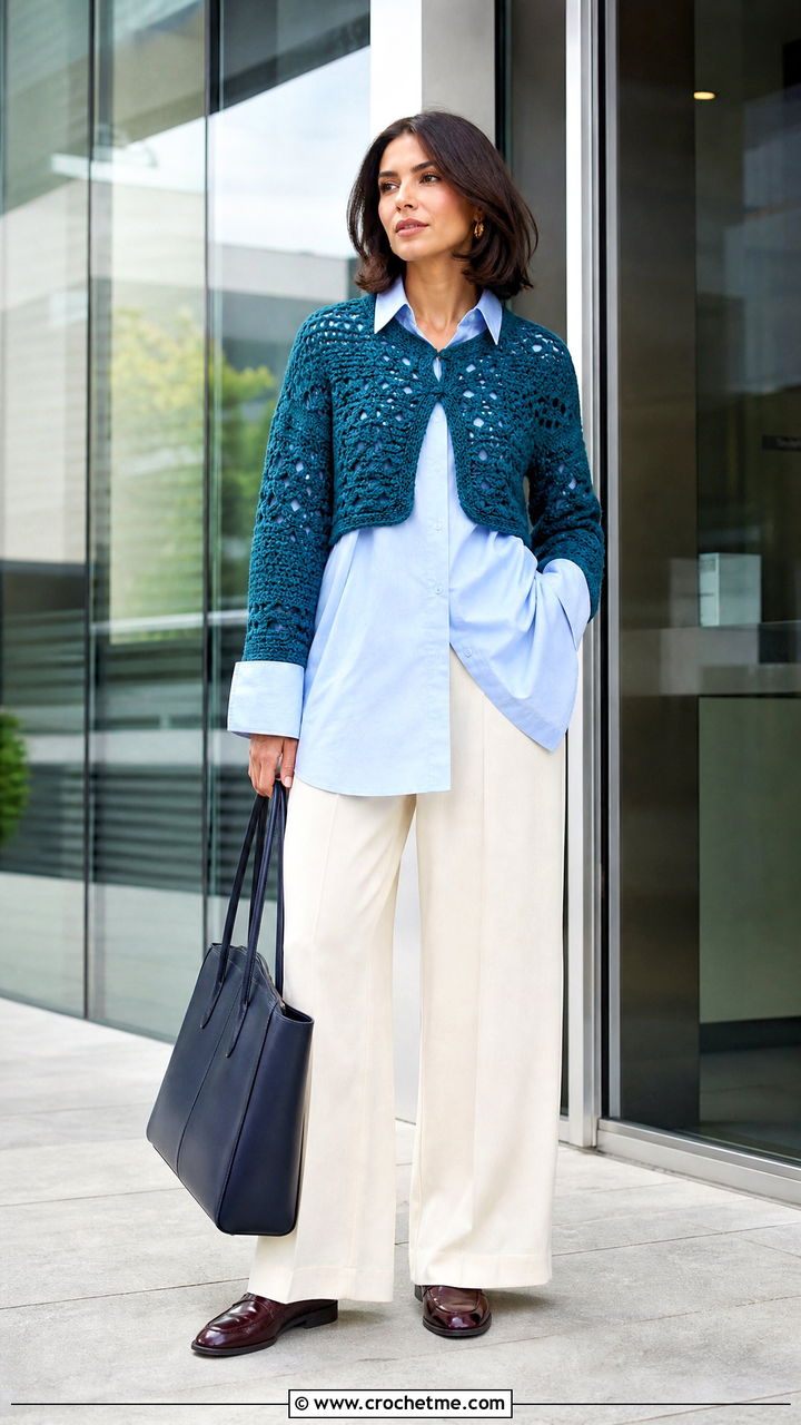 Cropped Crochet Bolero With Button Down Shirt - 35 crochet half sweater outfit ideas