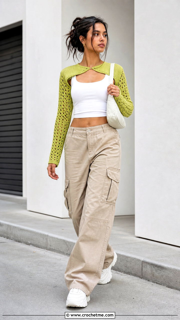 Cropped Crochet Bolero With Cargo Pants - 35 crochet bolero outfit ideas