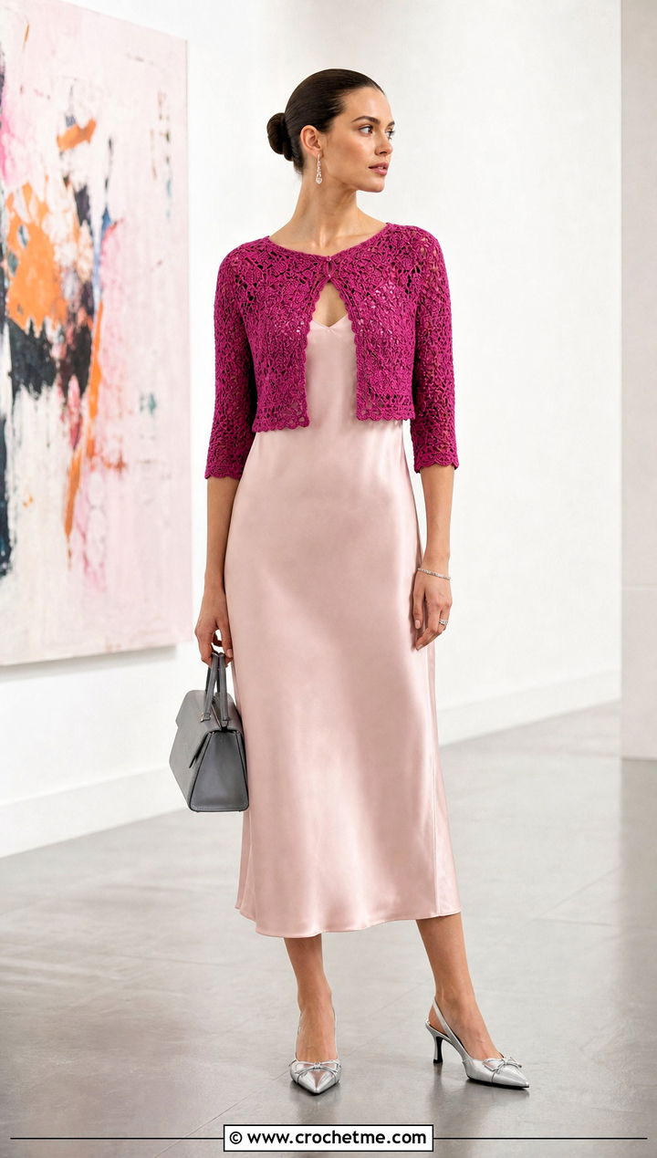 Cropped Crochet Bolero With Slip Dress - 30 easy simple crochet shrug outfit ideas