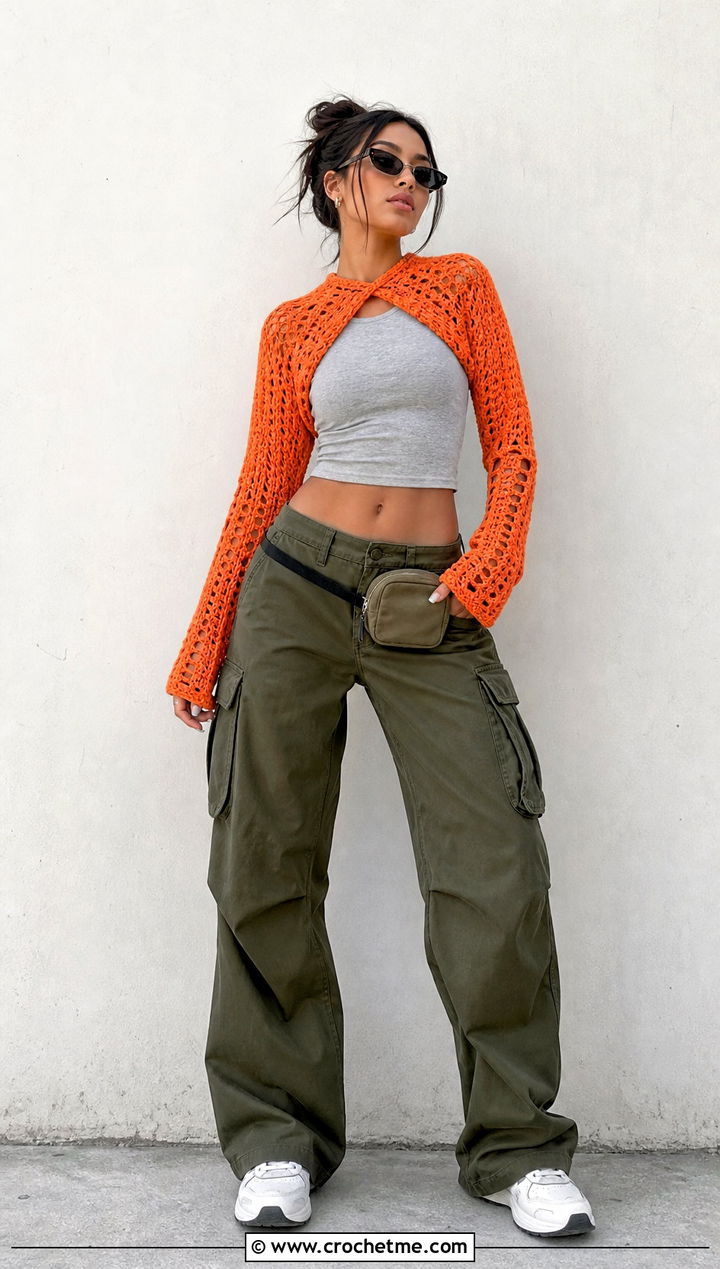 Cropped Crochet Bolero Wrap With Cargo Pants - 25 crochet shawl sweater outfit ideas