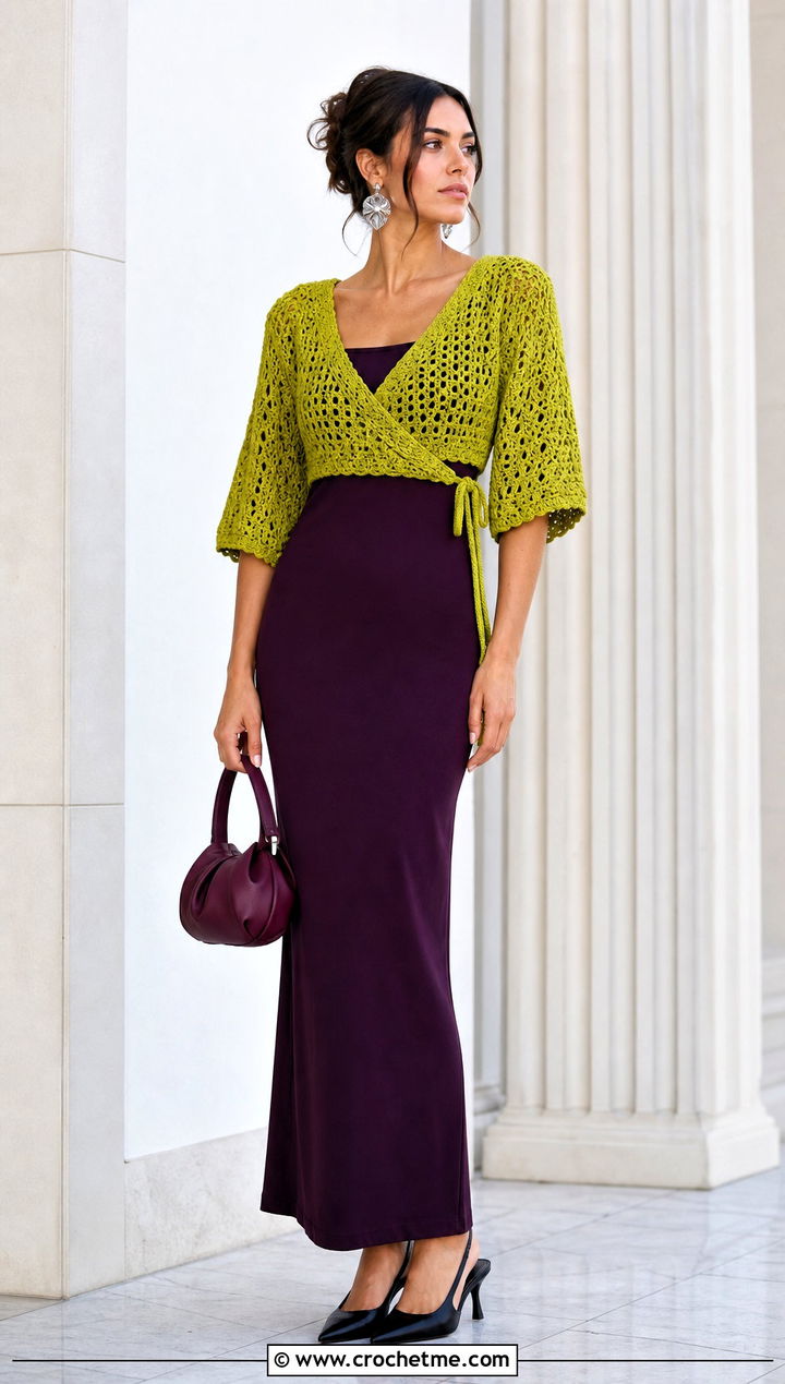 Cropped Crochet Bolero Wrap With Column Maxi Dress - 35 crochet wrap with sleeves outfit ideas