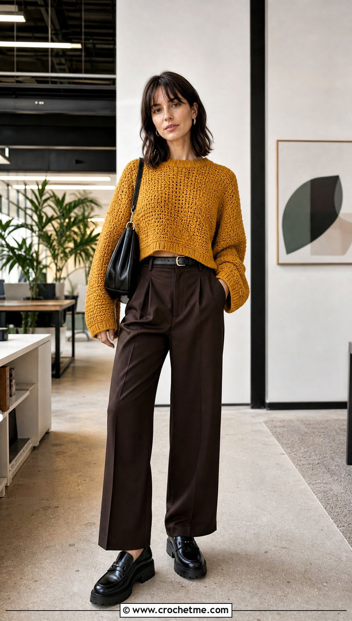 Cropped Crochet Boyfriend Sweater With High Waisted Trousers - 30 crochet boyfriend sweater outfit ideas