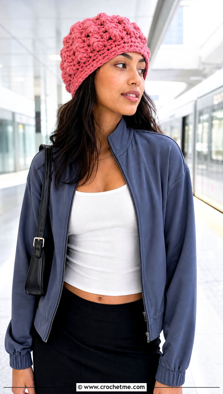 Cropped Crochet Bubble Toque With Track Jacket - 20 Crochet Bubble Hat outfit ideas