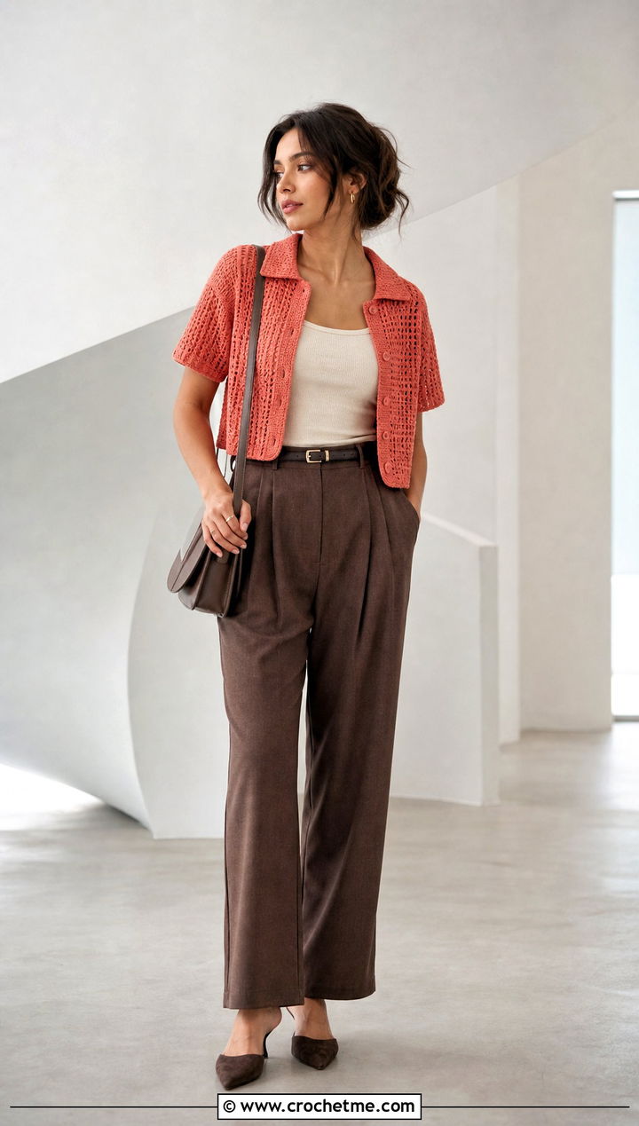 Cropped Crochet Button Down Shirt With Suit Pants - 30 crochet button down shirt outfit ideas