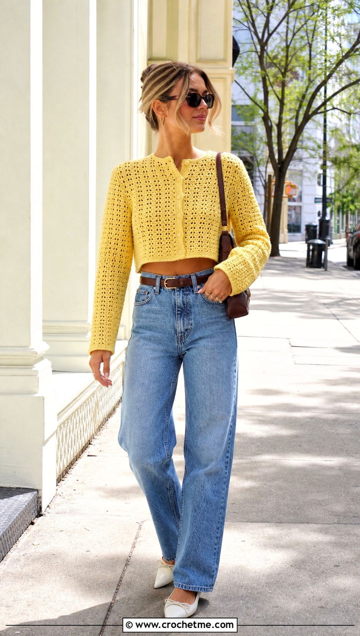 Cropped Crochet Button Sweater With High Waisted Jeans - 30 Crochet Button Sweater outfit ideas
