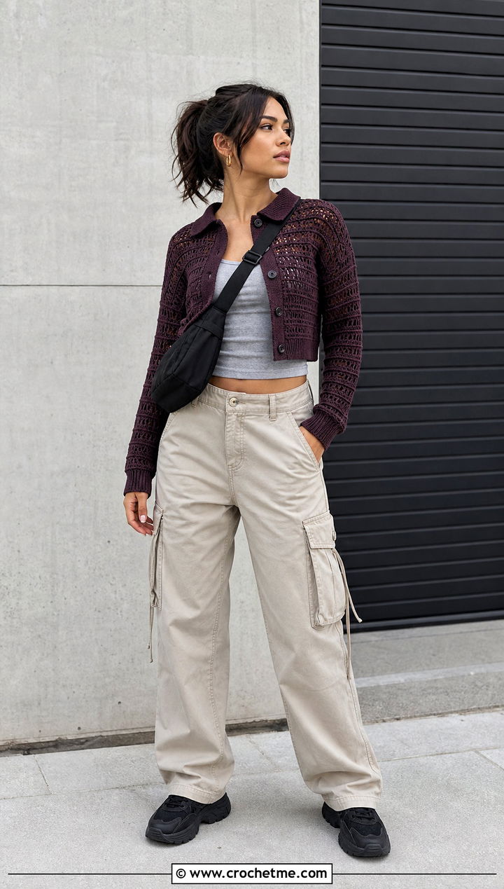 Cropped Crochet Button Up Shirt With Cargo Pants - 35 crochet shirt for women outfit ideas