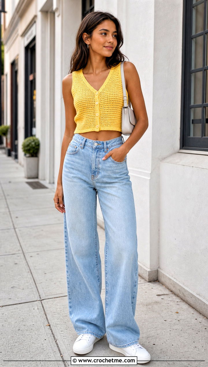 Cropped Crochet Button Up Vest With Wide Leg Jeans - 25 Crochet Button Up Vest outfit ideas