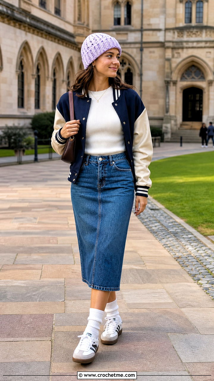 Cropped Crochet Cable Hat With Varsity Jacket And Midi Skirt - 35 crochet cable hat outfit ideas