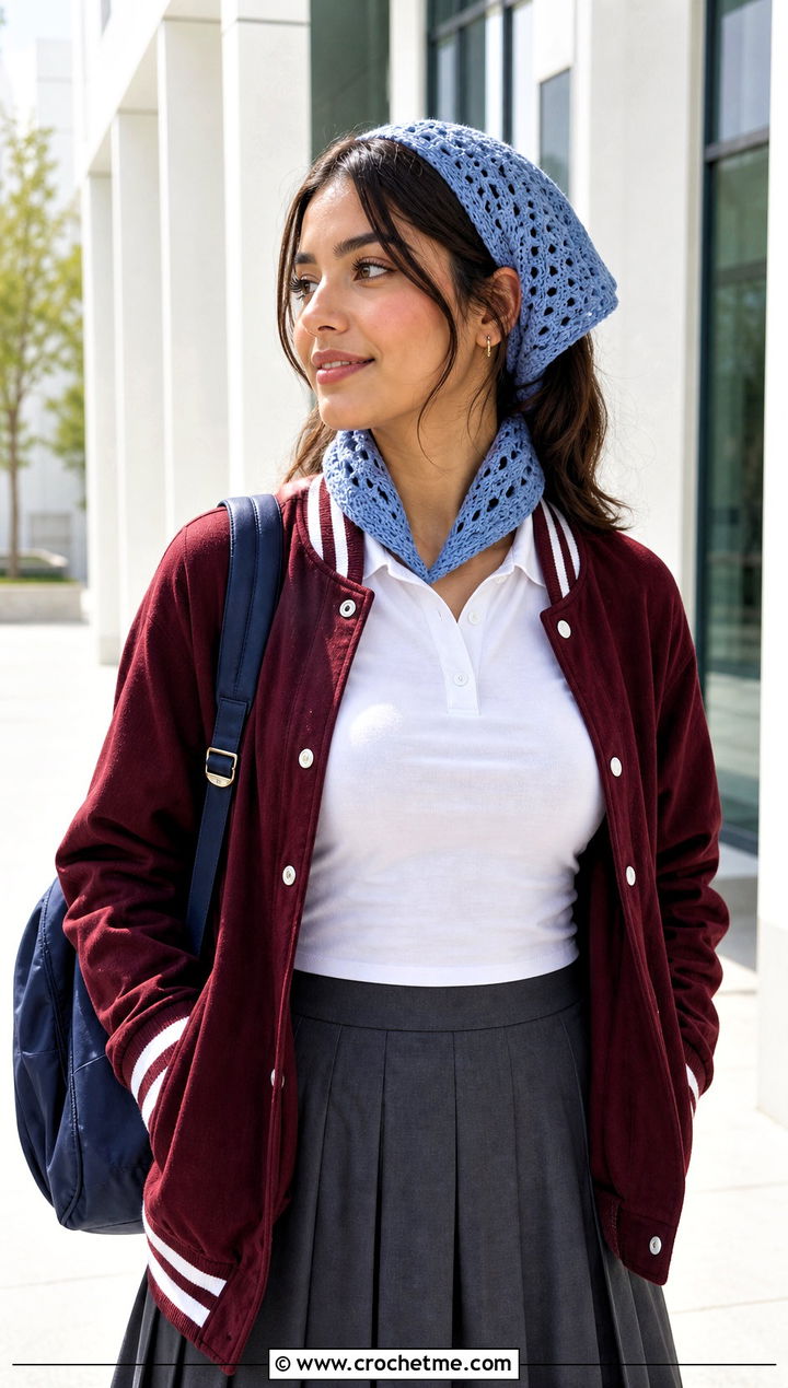 Cropped Crochet Cap Scarf With Varsity Jacket - 25 Crochet Cap Scarf outfit ideas