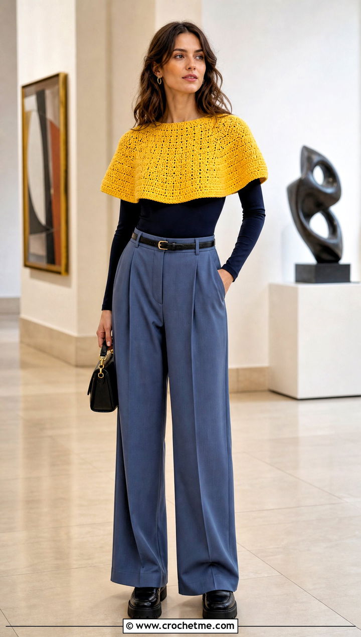 Cropped Crochet Capelet With Wide Leg Trousers - 15 diy crochet cape outfit ideas