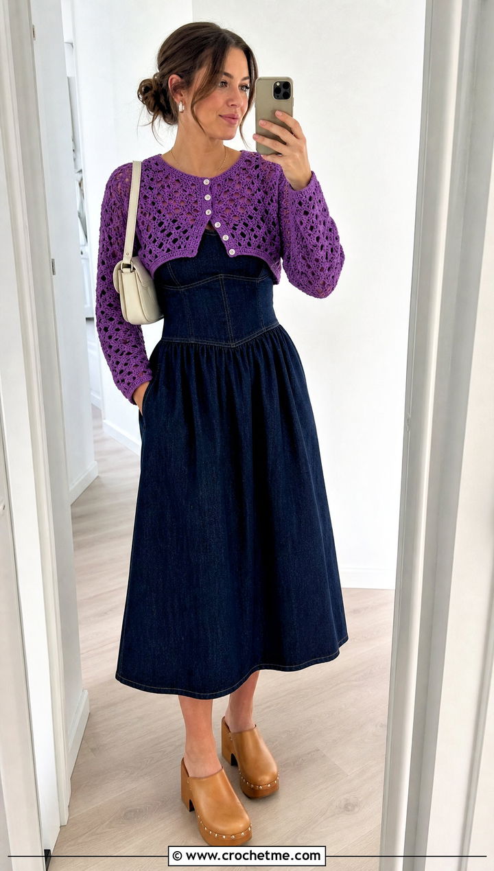 Cropped Crochet Cardigan Bolero With Denim Dress - 15 crochet spring summer bolero outfit ideas