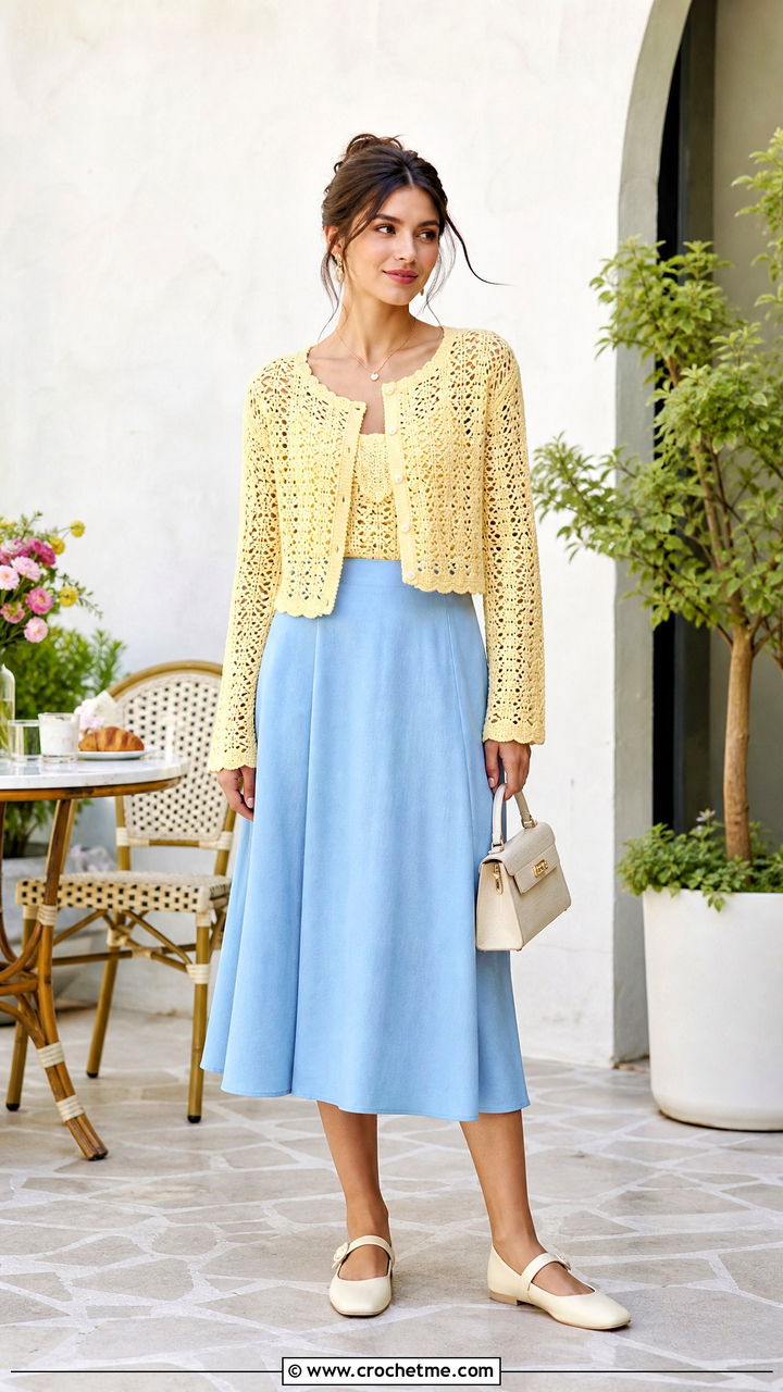 Cropped Crochet Cardigan Sweater With A Line Skirt - 35 crochet sweater ideas