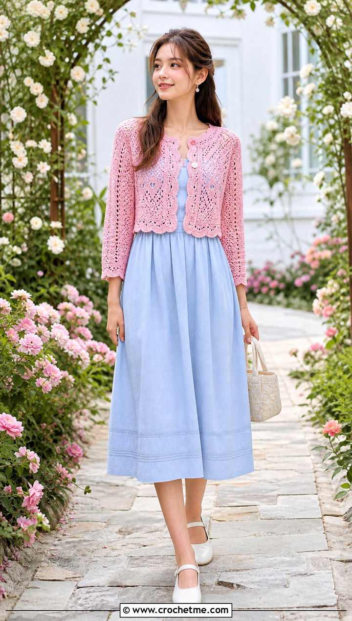 Cropped Crochet Cardigan Sweater With Cotton Midi Dress - 35 diy crochet sweater outfit ideas