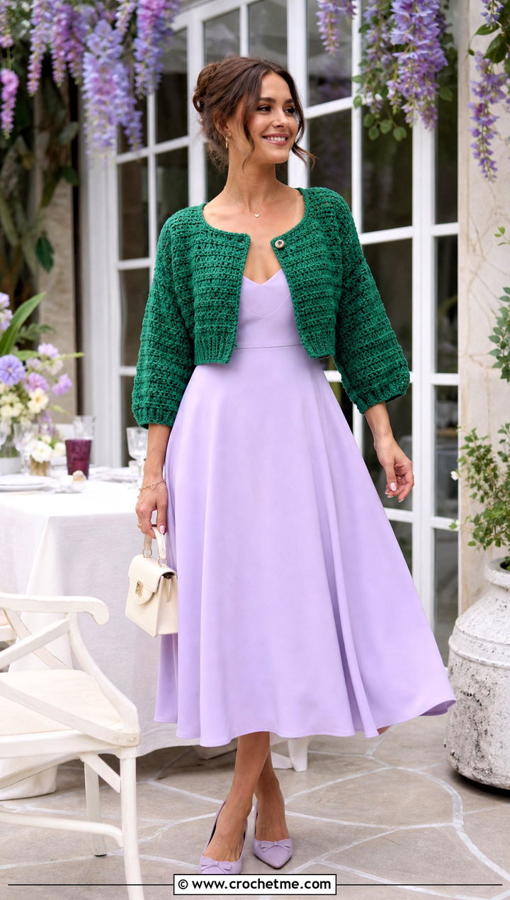 Cropped Crochet Cardigan Sweater With Fit And Flare Dress - 25 chunky yarn crochet sweater outfit ideas