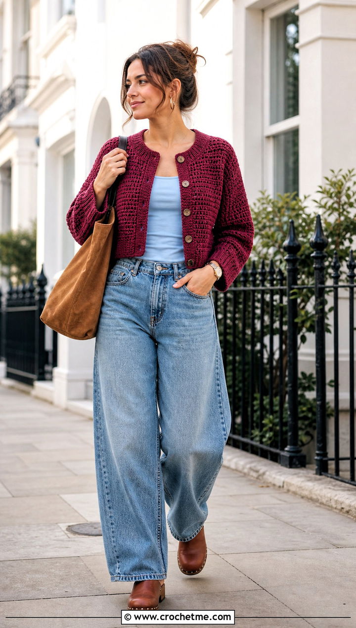 Cropped Crochet Cardigan With Barrel Jeans - 35 mini crochet clothes and outfit ideas