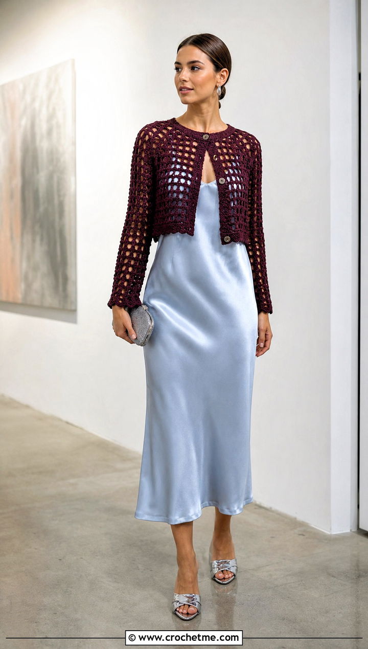 Cropped Crochet Cardigan With Buttons Over A Slip Dress - 15 Crochet Crop Top With Buttons outfit ideas