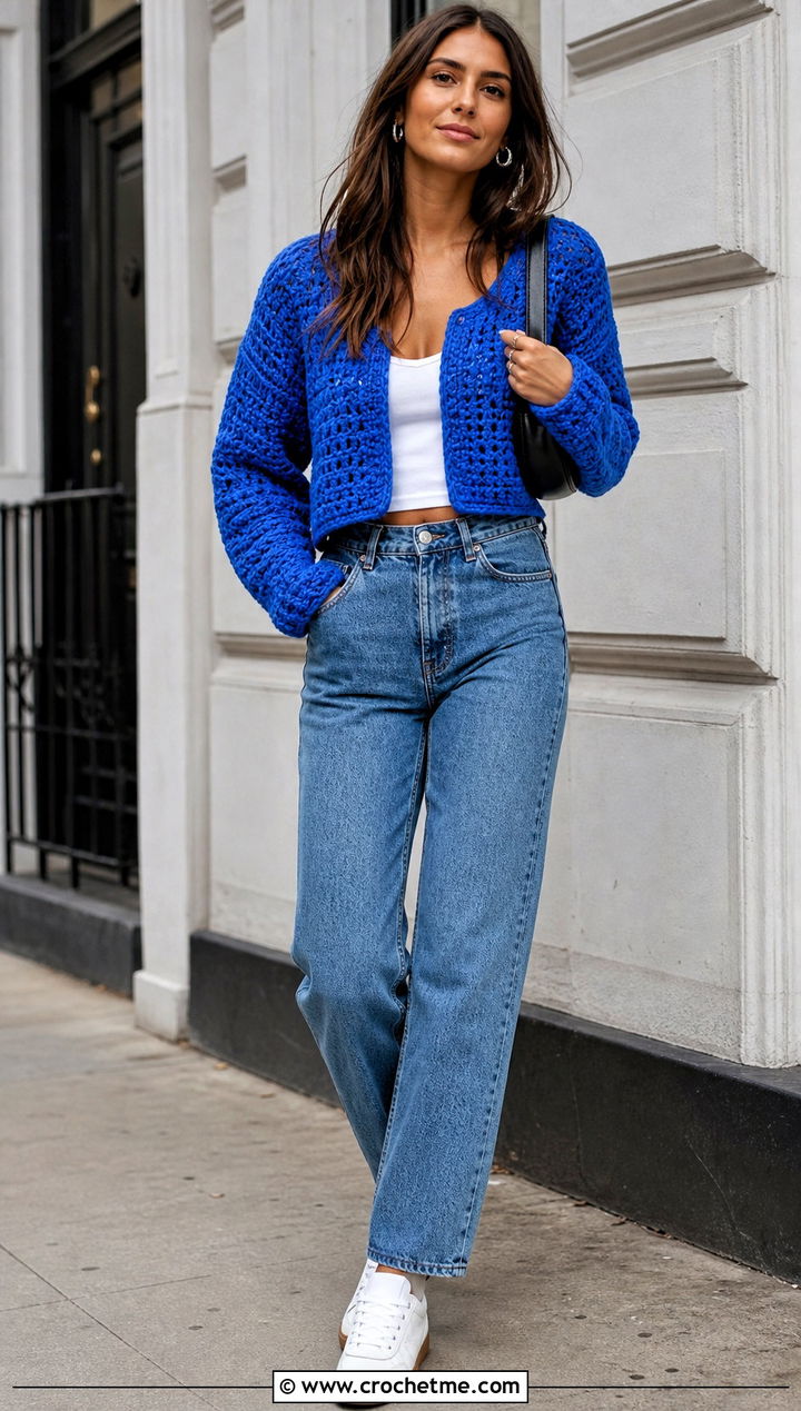 Cropped Crochet Cardigan With High Waisted Jeans - 30 short sleeve crochet cardigan outfit ideas