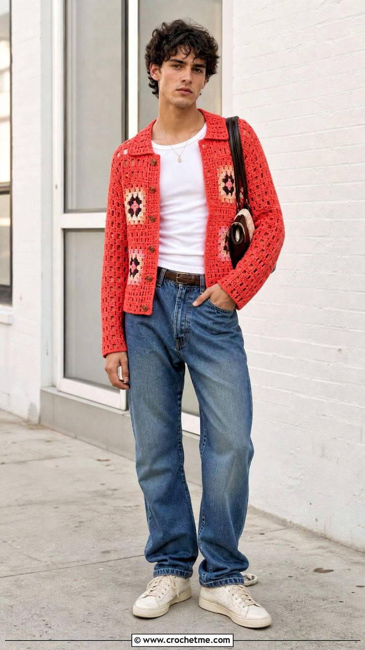 Cropped Crochet Cardigan With High Waisted Jeans - 35 crochet cardigan men outfit ideas