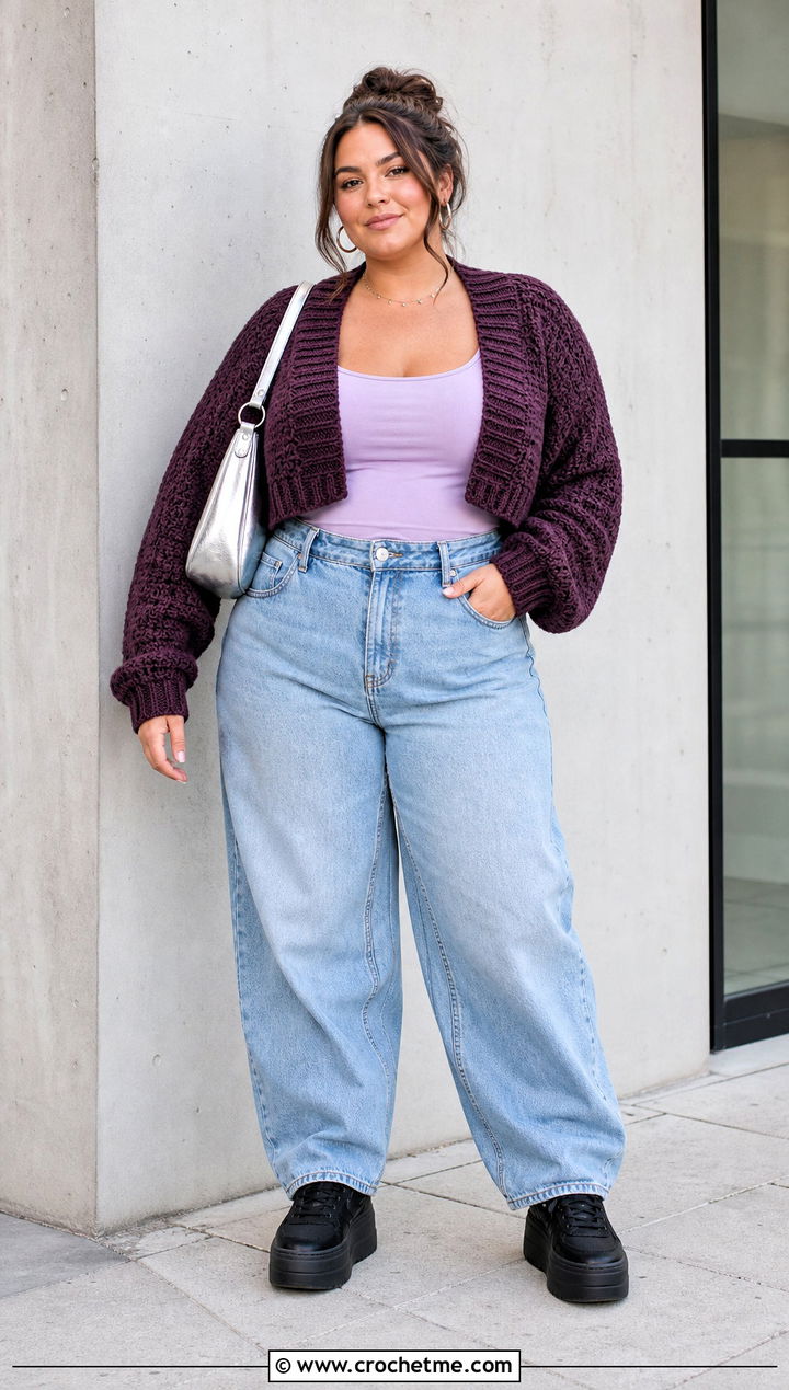 Cropped Crochet Cardigan With High Waisted Jeans - 30 crochet plus size cardigan outfit ideas