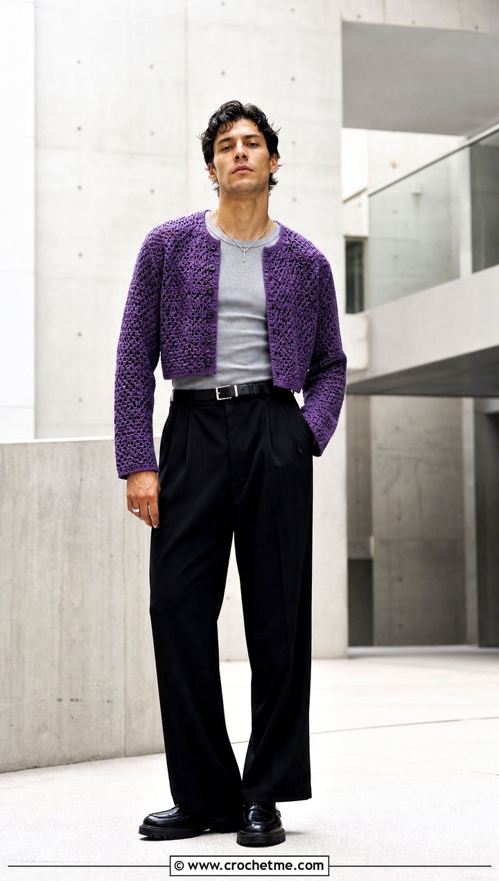 Cropped Crochet Cardigan With High Waisted Pants - 30 crochet man cardigan outfit ideas