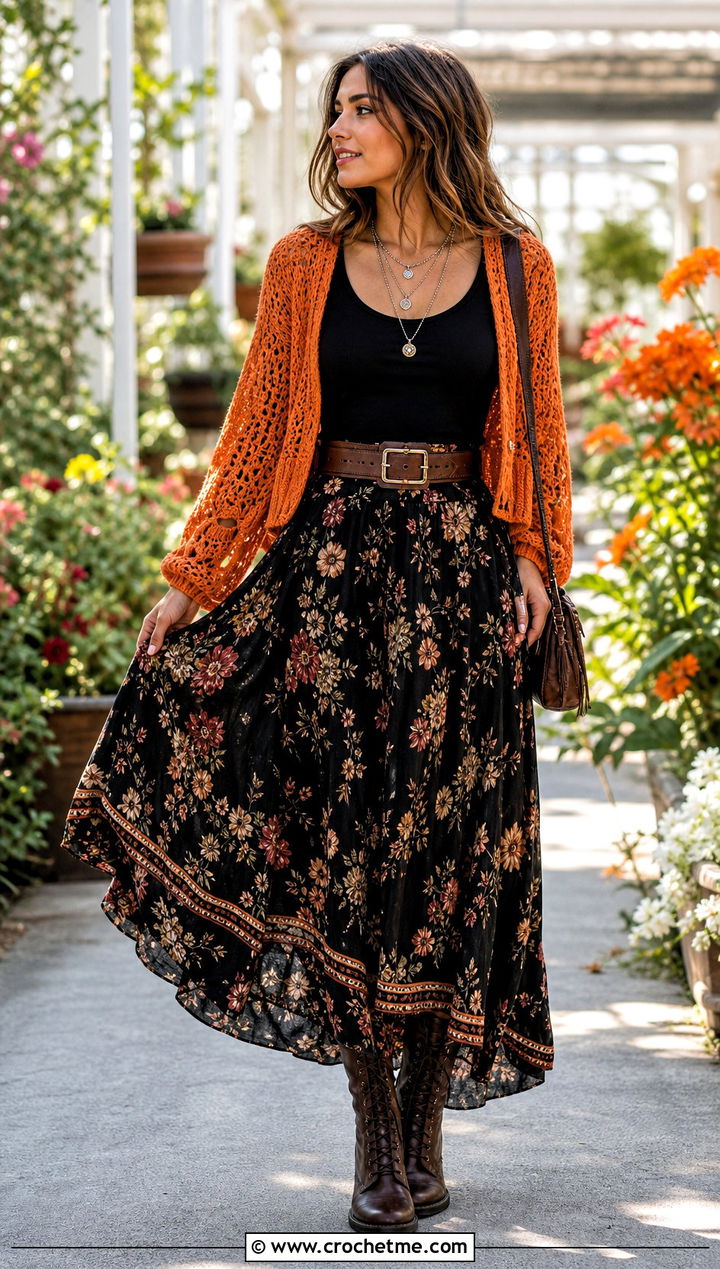 Cropped Crochet Cardigan With Maxi Skirt - 25 witchy crochet cardigan outfit ideas