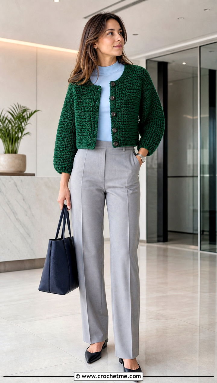 Cropped Crochet Cardigan With Office Trousers - 30 bulky yarn crochet sweater outfit ideas