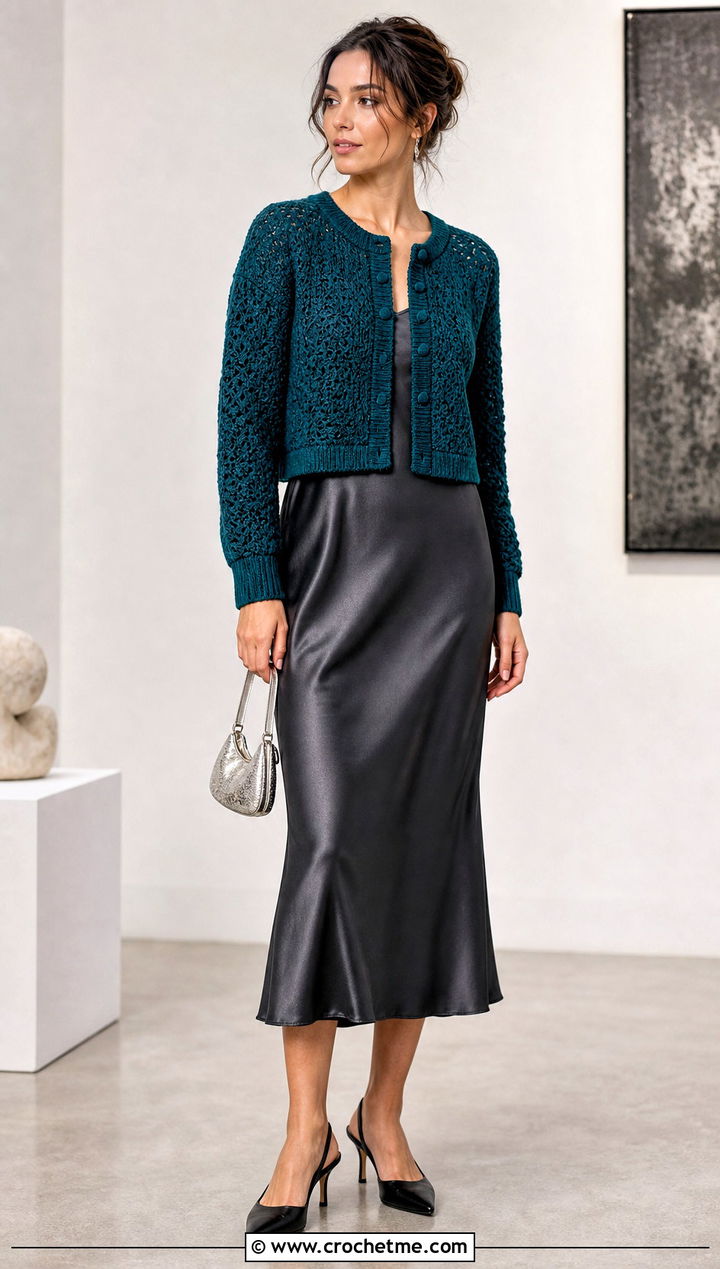 Cropped Crochet Cardigan With Satin Slip Dress - 15 Crochet Diy Clothes Ideas