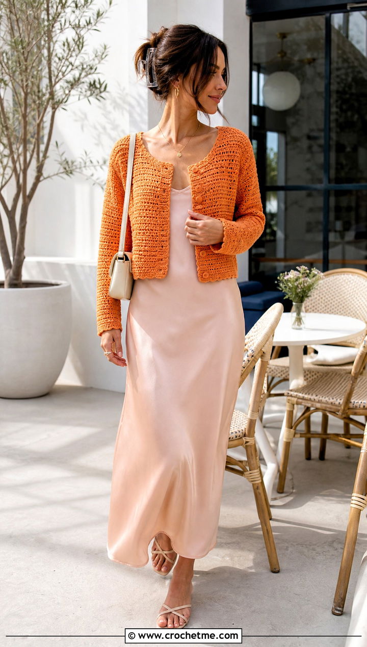 Cropped Crochet Cardigan With Slip Dress - 25 Diy Crochet Outfits ideas