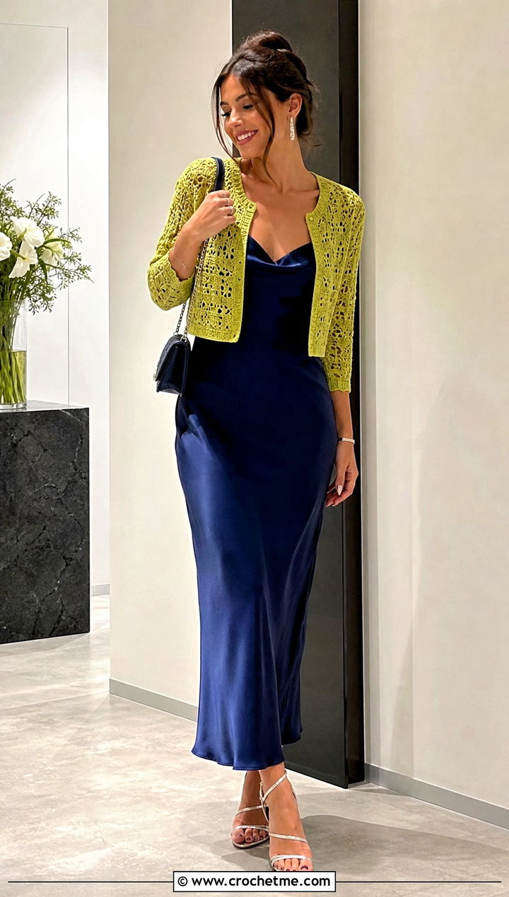 Cropped Crochet Cardigan With Slip Dress - 15 Crochet Shirt Sweaters & Cardigans outfit ideas