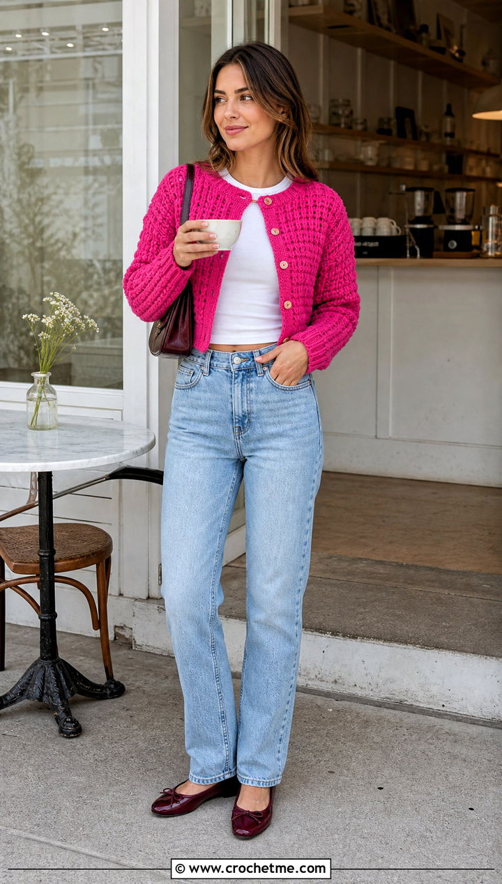 Cropped Crochet Cardigan With Straight Jeans - 25 crochet women clothes and outfit ideas
