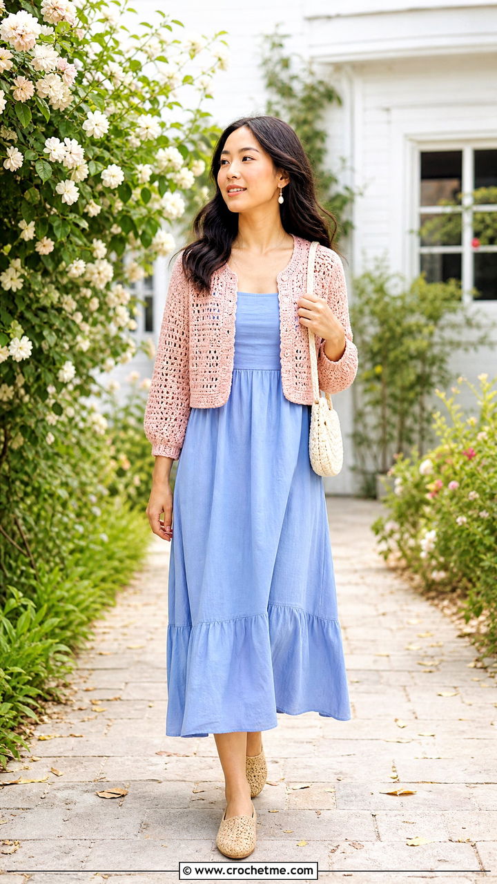 Cropped Crochet Cardigan With Sundress - 35 crochet summer clothes and outfit ideas