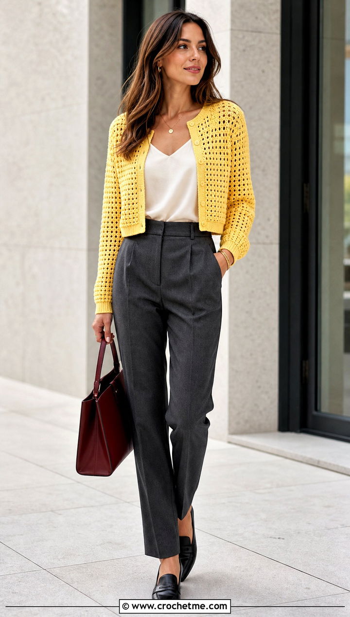 Cropped Crochet Cardigan With Tailored Trousers - 15 very easy crochet cardigan outfit ideas