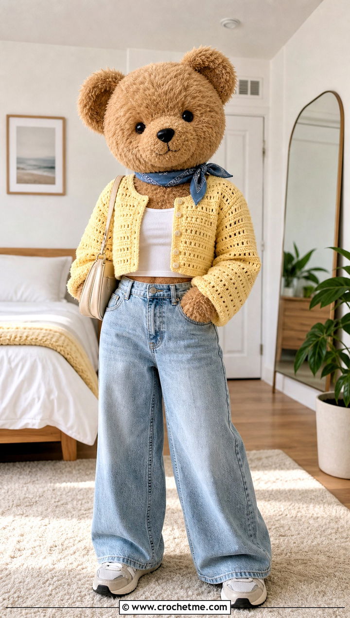 Cropped Crochet Cardigan With Wide Leg Jeans - 35 crochet teddy clothes and outfit ideas