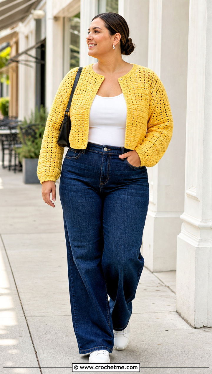 Cropped Crochet Cardigan With Wide Leg Jeans - 15 Crochet Womens Cardigans outfit ideas