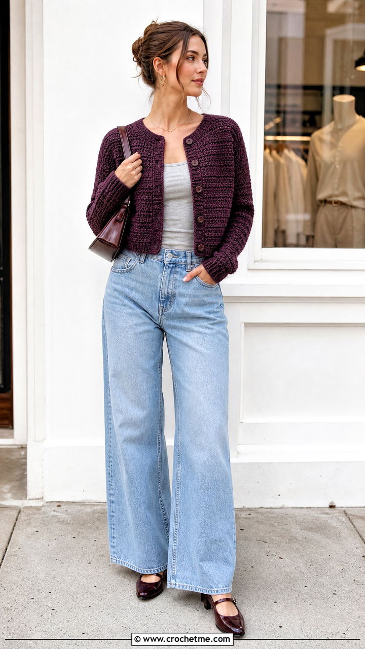 Cropped Crochet Cardigan With Wide Leg Jeans and Mary Jane Shoes - 35 crochet clothes ideas