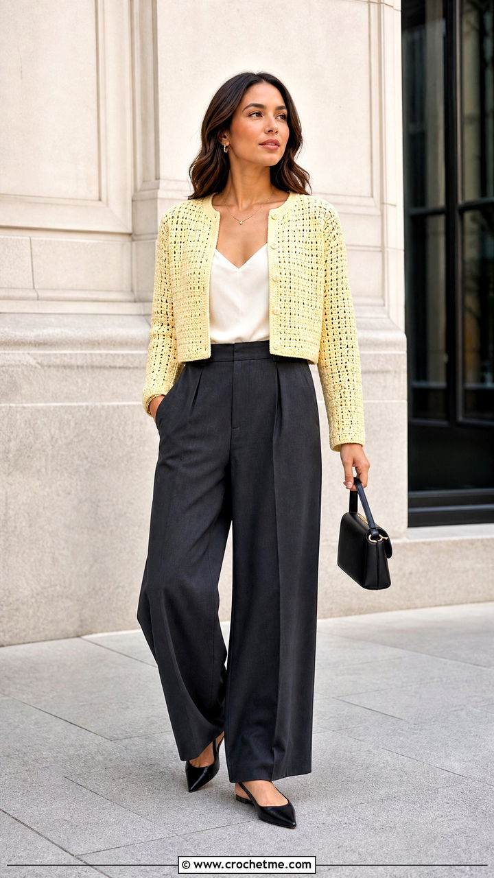 Cropped Crochet Cardigan With Wide Leg Trousers - 35 crochet cardigan for women outfit ideas