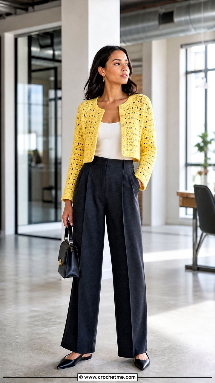 Cropped Crochet Cardigan With Wide Leg Trousers - 35 crochet cardigan women outfit ideas