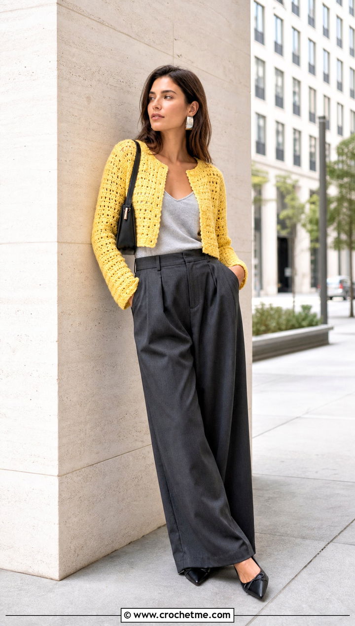 Cropped Crochet Cardigan With Wide Leg Trousers - 35 fall crochet cardigan outfit ideas