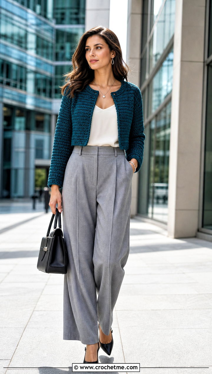 Cropped Crochet Cardigan With Wide Leg Trousers - 15 Easy Crochet Cardigan Sweater outfit ideas