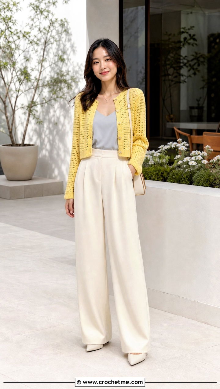 Cropped Crochet Cardigan With Wide Leg Trousers - 20 crochet for ladies cardigans outfit ideas